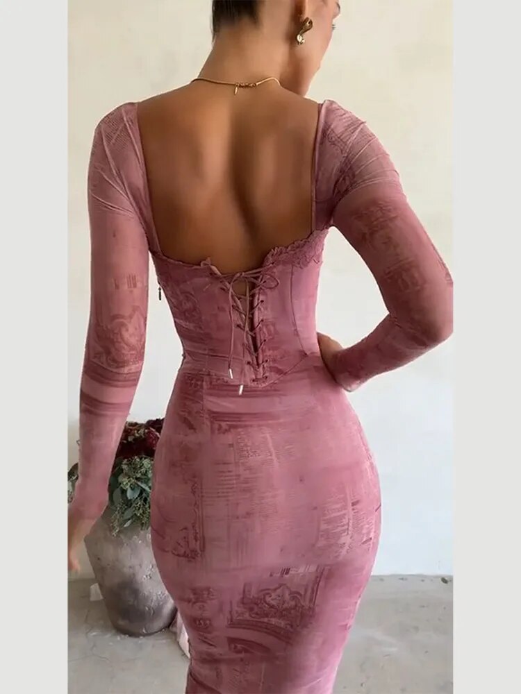 Pink Lace Dress Women Fashion Lace Patchwork Print Dress Sexy Backless Drawstring Tie Bodycon Long Robes Elegant Ladies Evening Party