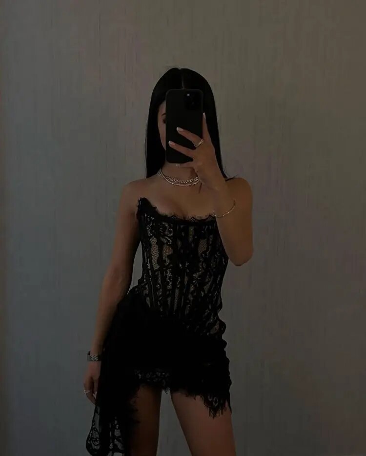Black Lace Corset-Style Cocktail Dress with Delicate Draping