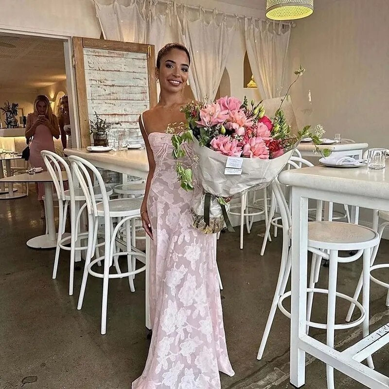 Elegant Blush Pink Floral Lace Maxi Dress