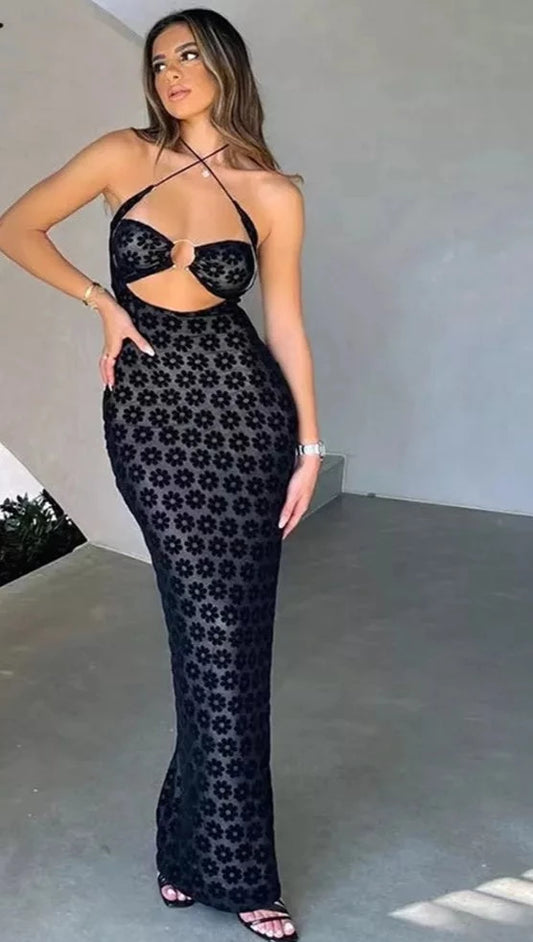 Solid Color Hanging Neck Maxi Dress Sexy Women Trendy Dresses Clothing