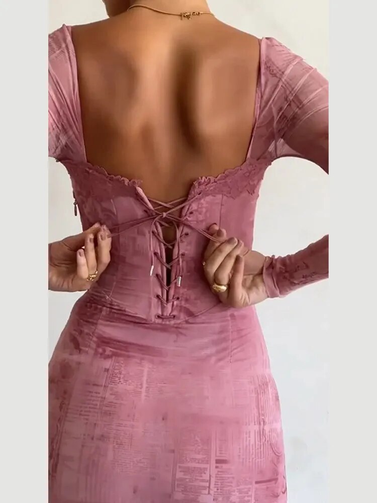 Pink Lace Dress Women Fashion Lace Patchwork Print Dress Sexy Backless Drawstring Tie Bodycon Long Robes Elegant Ladies Evening Party