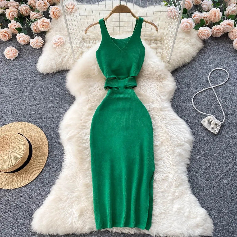 Elegant Cut-Out Midi Bodycon Dress - Available in Orange, Black, Blue, Green, White, Rose Red