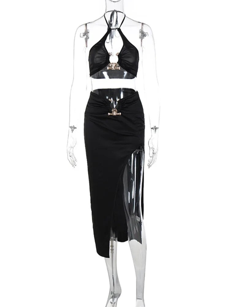 Black Velvet Halter Neck Two-Piece Dress with Embellished Details