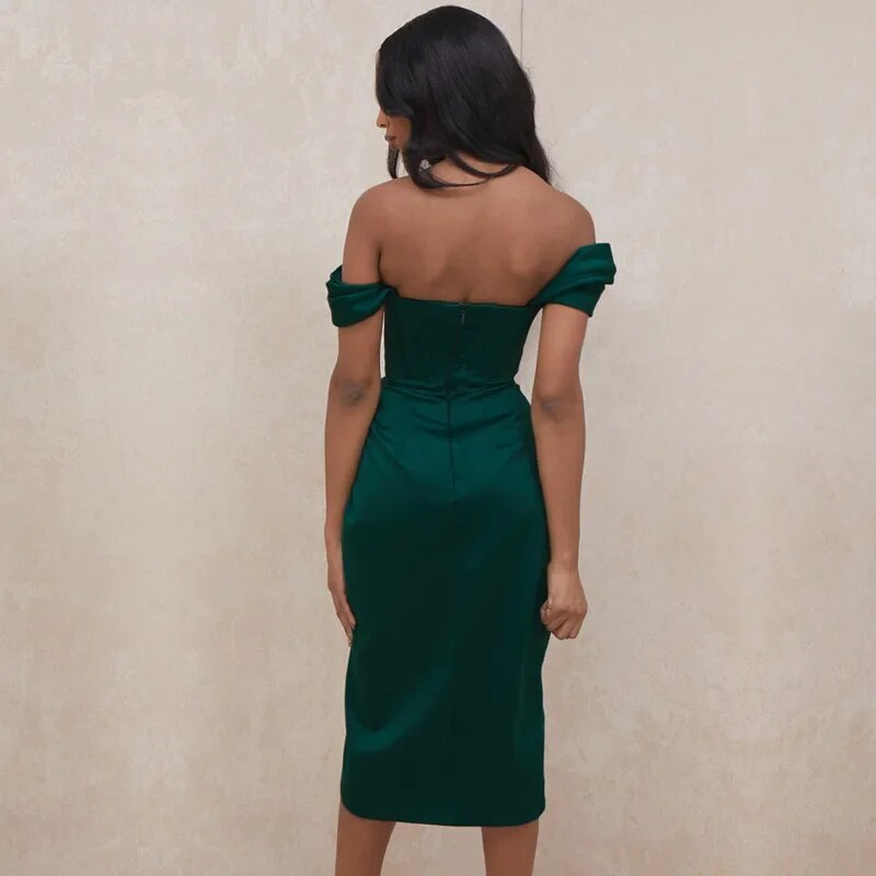 Off-Shoulder Emerald Green Draped Midi Dress - Also in Black, White, Brown, Pink, Red