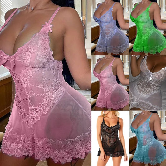 S-6XL Plus Size Women Sexy Lace Nightdress Night Dress V Neck Sleeveless Spaghetti Straps Mesh See-through Nightgown Exotic Lingerie