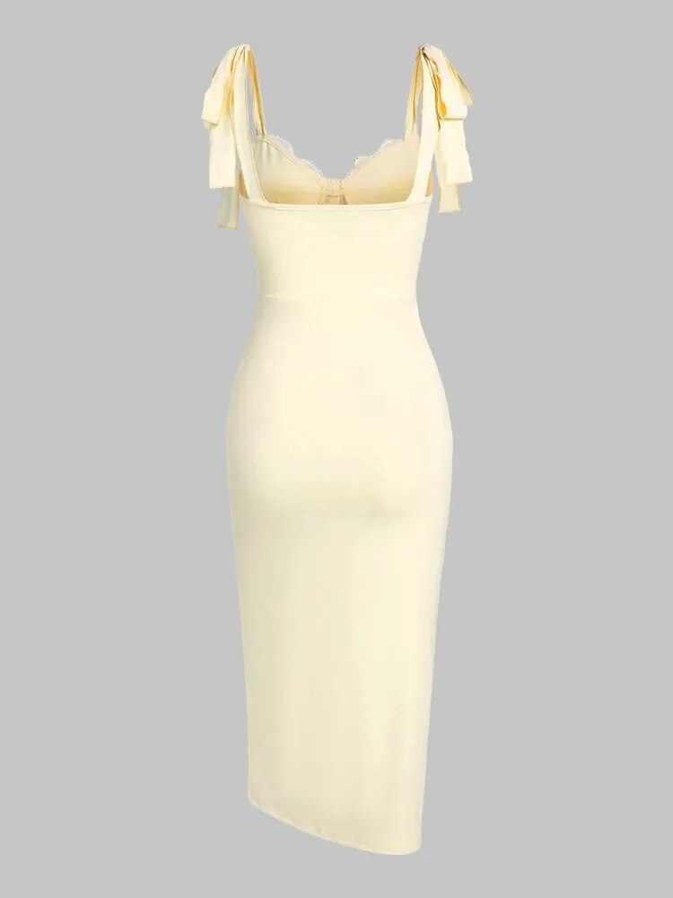 Elegant Ivory Lace and Satin Midi Dress - Available in Yellow and Light Blue