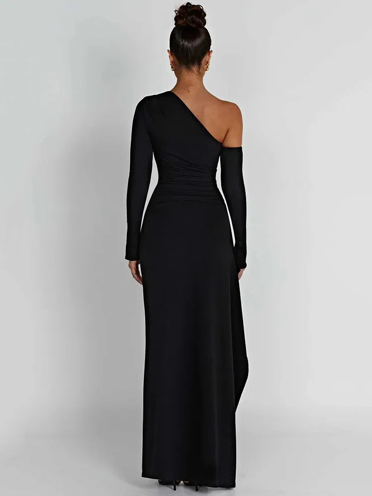 "Sleek Sophistication" One-Shoulder Black Maxi Dress - The Epitome of Evening Glamour