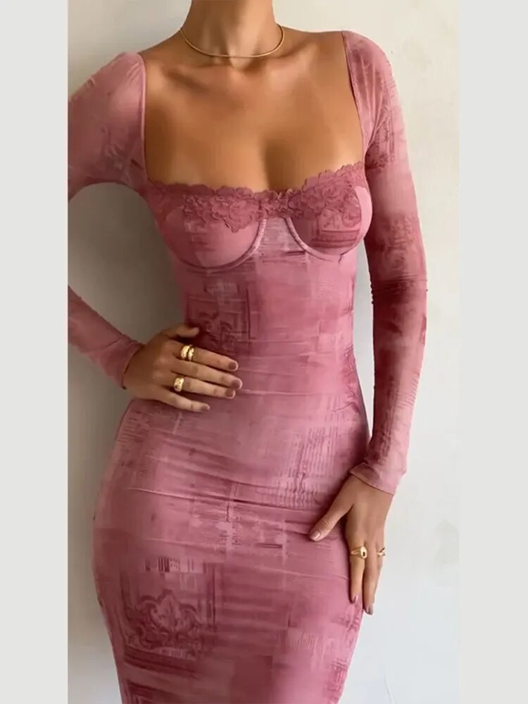Pink Lace Dress Women Fashion Lace Patchwork Print Dress Sexy Backless Drawstring Tie Bodycon Long Robes Elegant Ladies Evening Party
