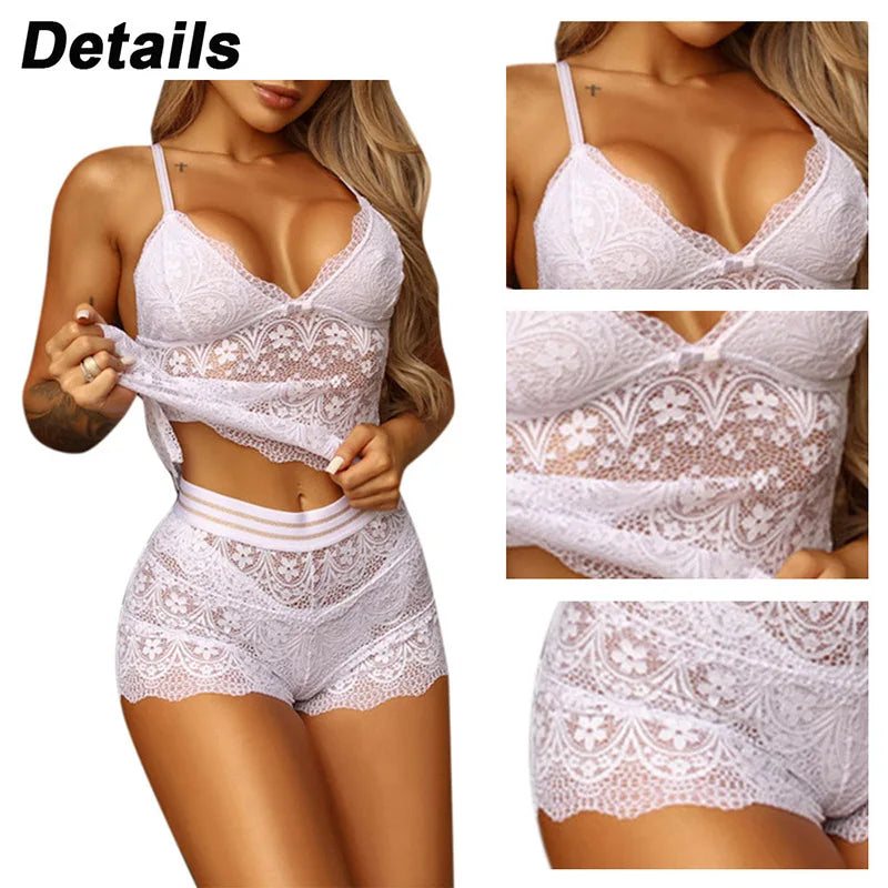 Plus Size Pajamas Sets Lace Sexy Women's Underwear Hollow Out Sleepwear Deep V Neck Strap Nightwear See Through Exotic Costumes Size S-5XL