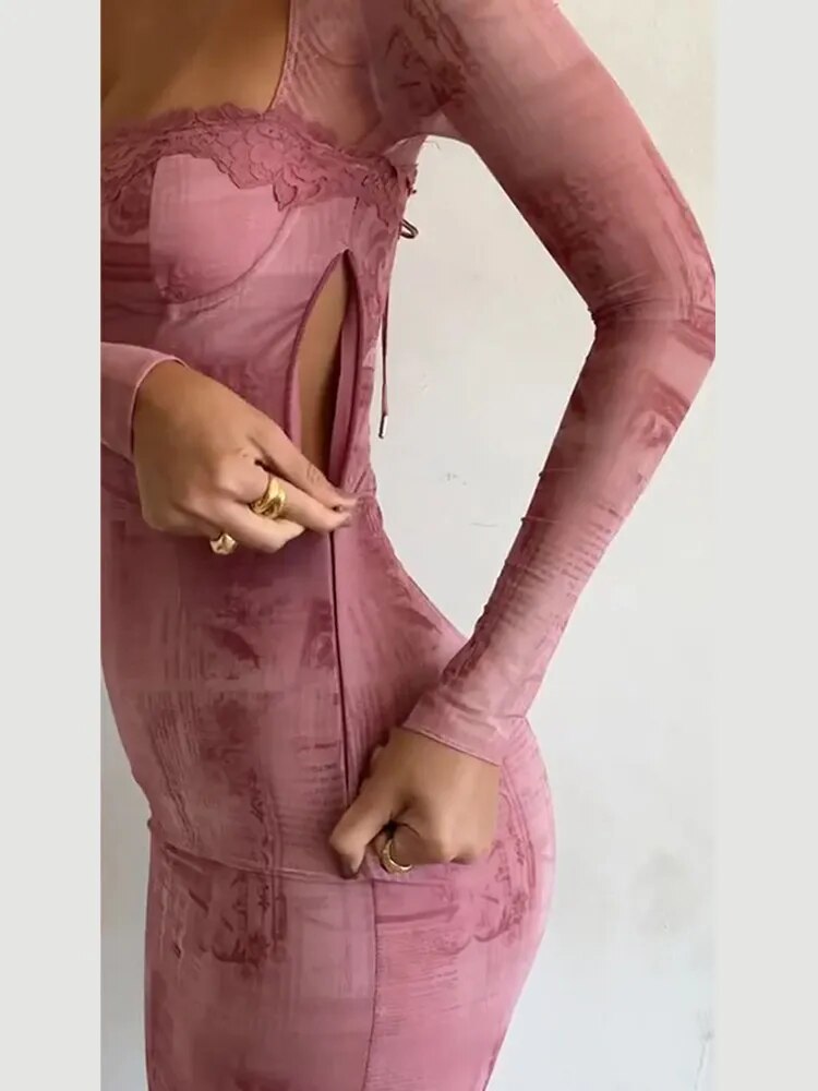 Pink Lace Dress Women Fashion Lace Patchwork Print Dress Sexy Backless Drawstring Tie Bodycon Long Robes Elegant Ladies Evening Party