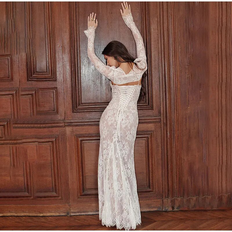 Elegant Lace Embroidery Sling  Maxi Dress