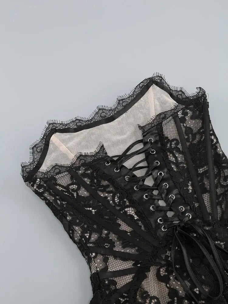 Black Lace Corset-Style Cocktail Dress with Delicate Draping