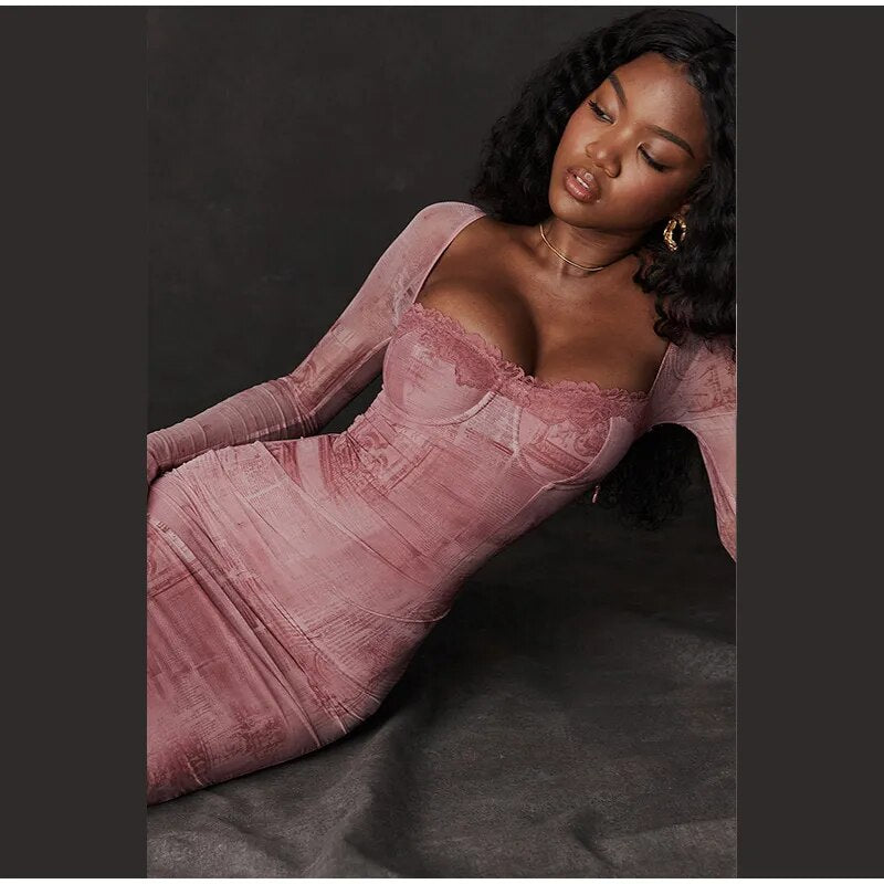 Pink Lace Dress Women Fashion Lace Patchwork Print Dress Sexy Backless Drawstring Tie Bodycon Long Robes Elegant Ladies Evening Party