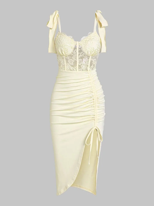 Elegant Ivory Lace and Satin Midi Dress - Available in Yellow and Light Blue