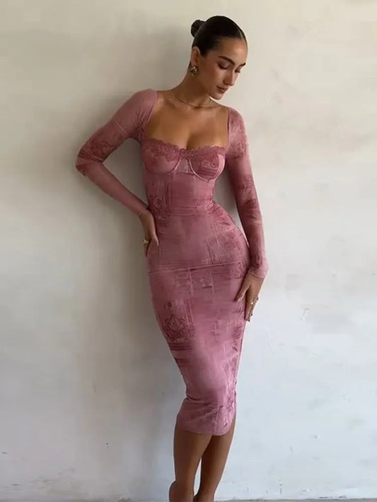 Pink Lace Dress Women Fashion Lace Patchwork Print Dress Sexy Backless Drawstring Tie Bodycon Long Robes Elegant Ladies Evening Party