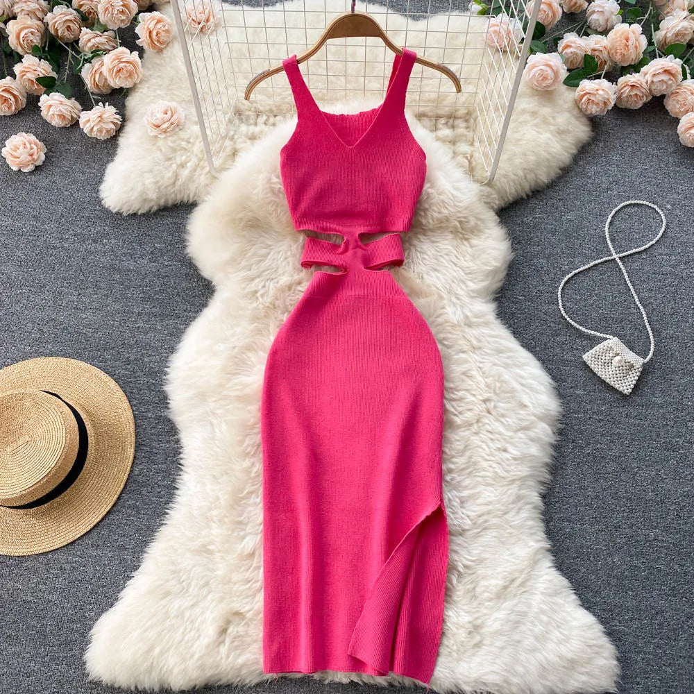 Elegant Cut-Out Midi Bodycon Dress - Available in Orange, Black, Blue, Green, White, Rose Red