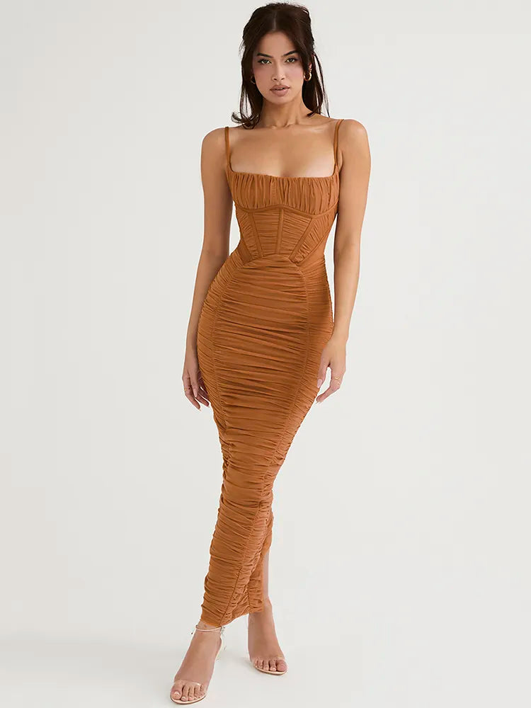 Chic Ruched Corset  Bodycon Midi Dress in Earthy and Jewel Tones