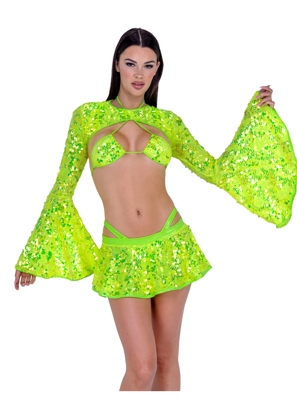 SEQUIN BIKINI TOP AND FLARE SKIRT