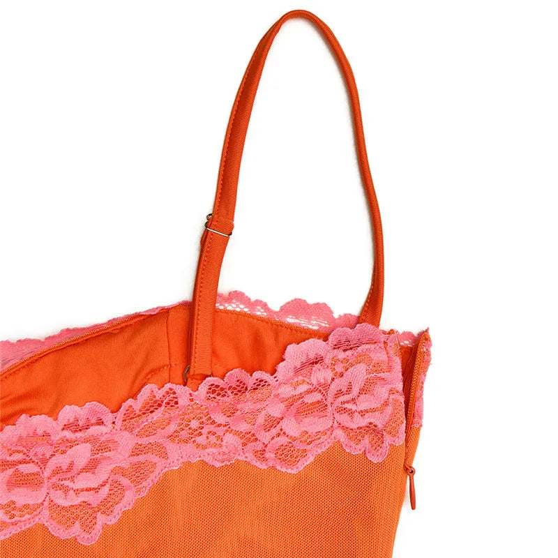Coral Charm Ruched Midi Dress with Lace Trim