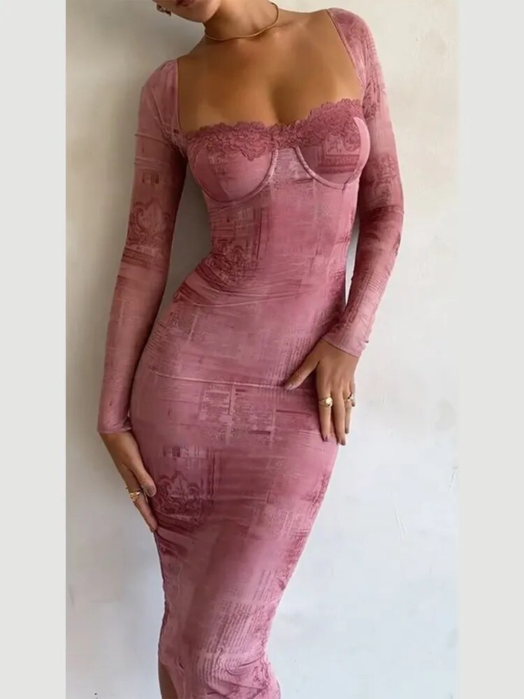 Pink Lace Dress Women Fashion Lace Patchwork Print Dress Sexy Backless Drawstring Tie Bodycon Long Robes Elegant Ladies Evening Party