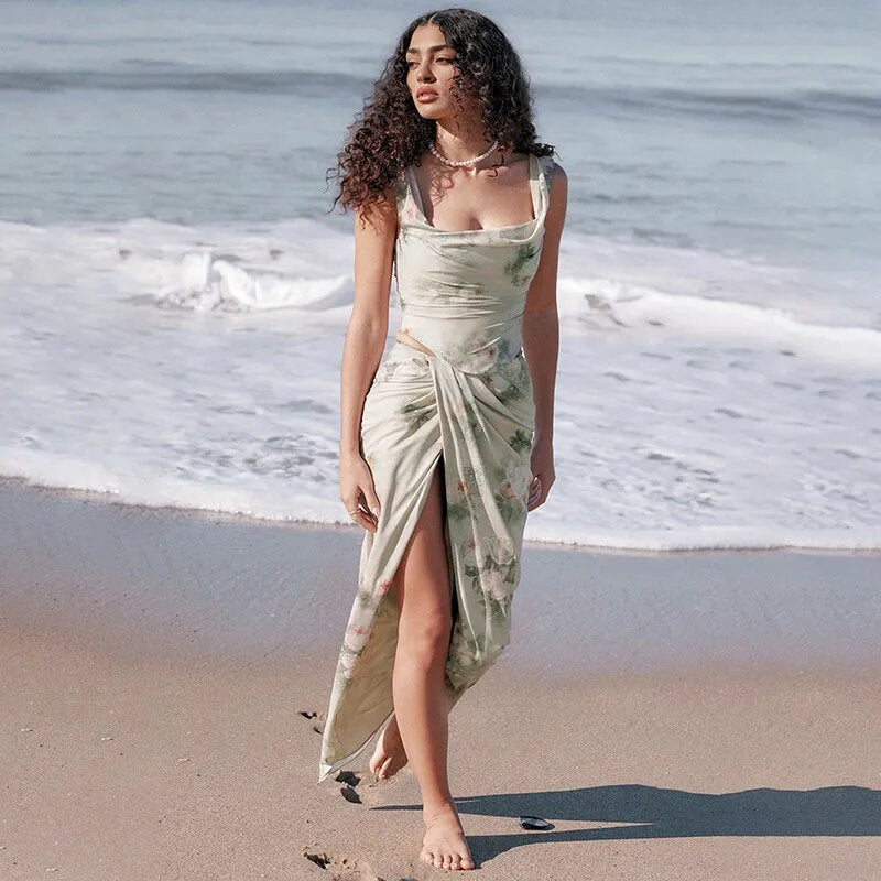 Sage Green Floral Print Maxi Dress with High Slit - Spring and Summer Collection