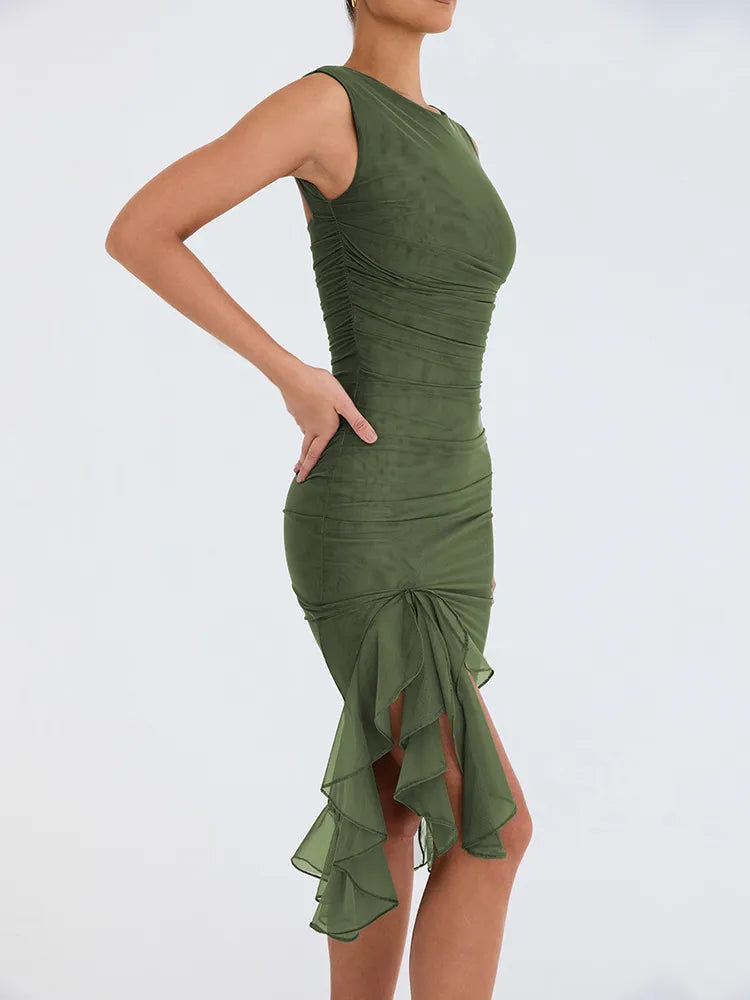 Lavender Ruched Asymmetrical Hem Midi Dress