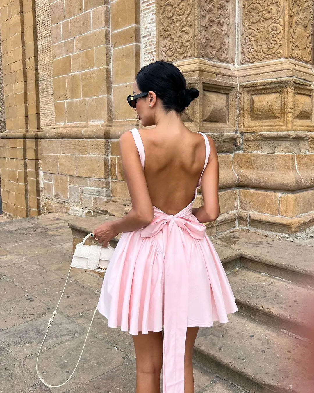 Fashion Bow Backless Pleated Dress