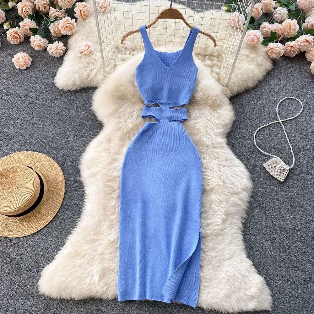 Elegant Cut-Out Midi Bodycon Dress - Available in Orange, Black, Blue, Green, White, Rose Red