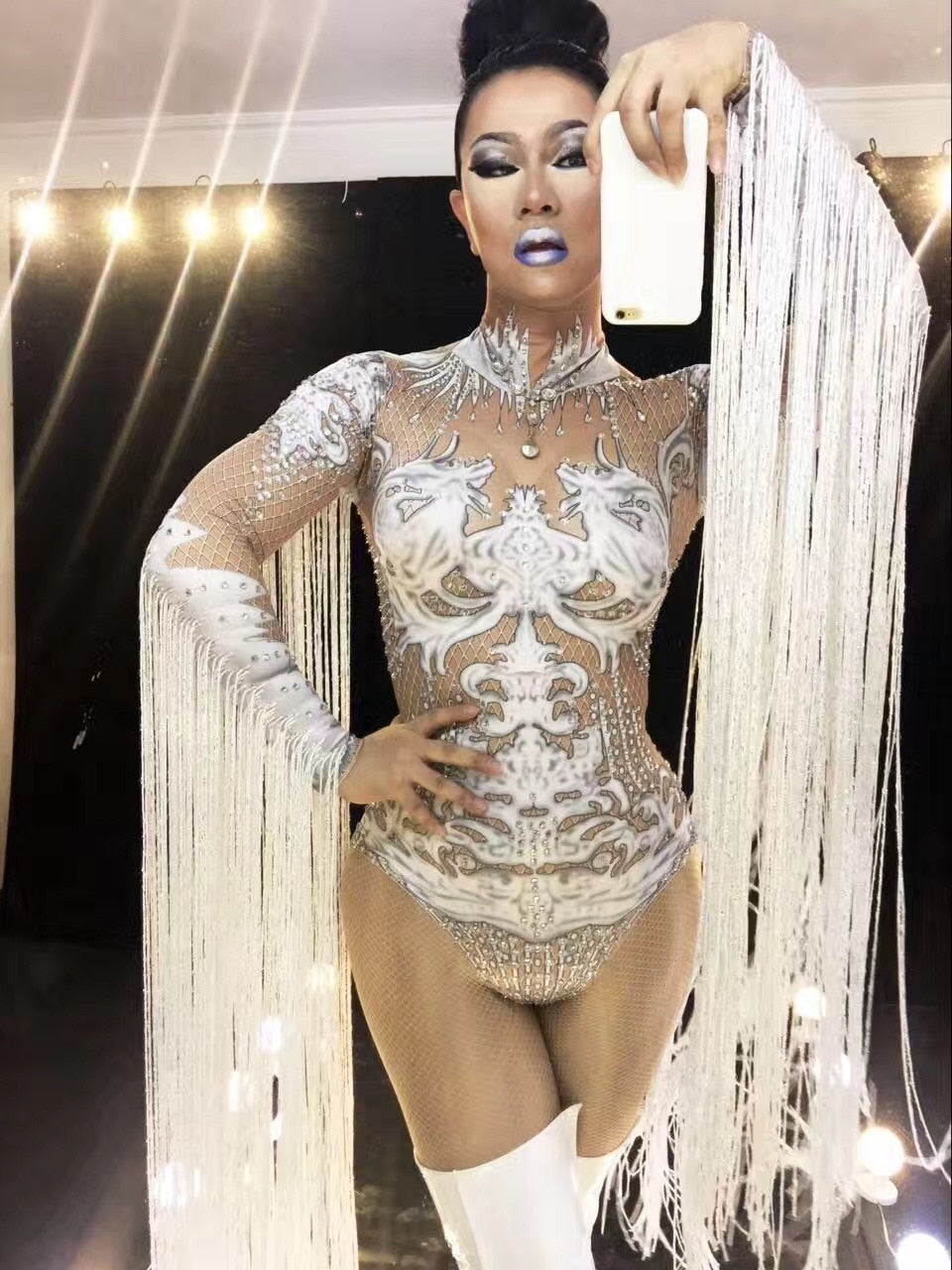 White Crystals Bodysuit Female Costumes