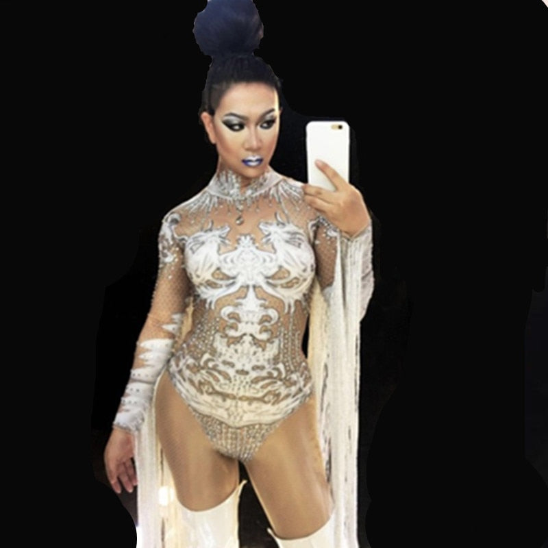 White Crystals Bodysuit Female Costumes