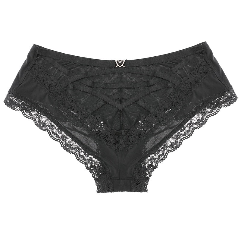 Back Crossing Bandage Hollow Out Sexy Panties Lace Edge Seamless Underwear Women Transparent Lingerie Solid Briefs Thong