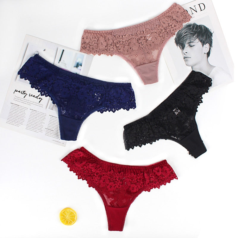 Women Sexy Lace Lingerie Temptation Low-waist Panties Embroidery Thong Transparent Hollow out Underwear Female G String