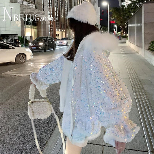Faux Fur Collar Sequin Women Coat Winter Lining with Fluff Fashion Female Parkas Jacket festival coat