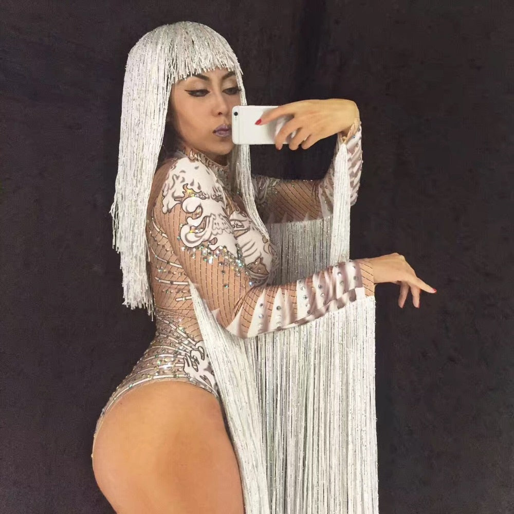 White Crystals Bodysuit Female Costumes