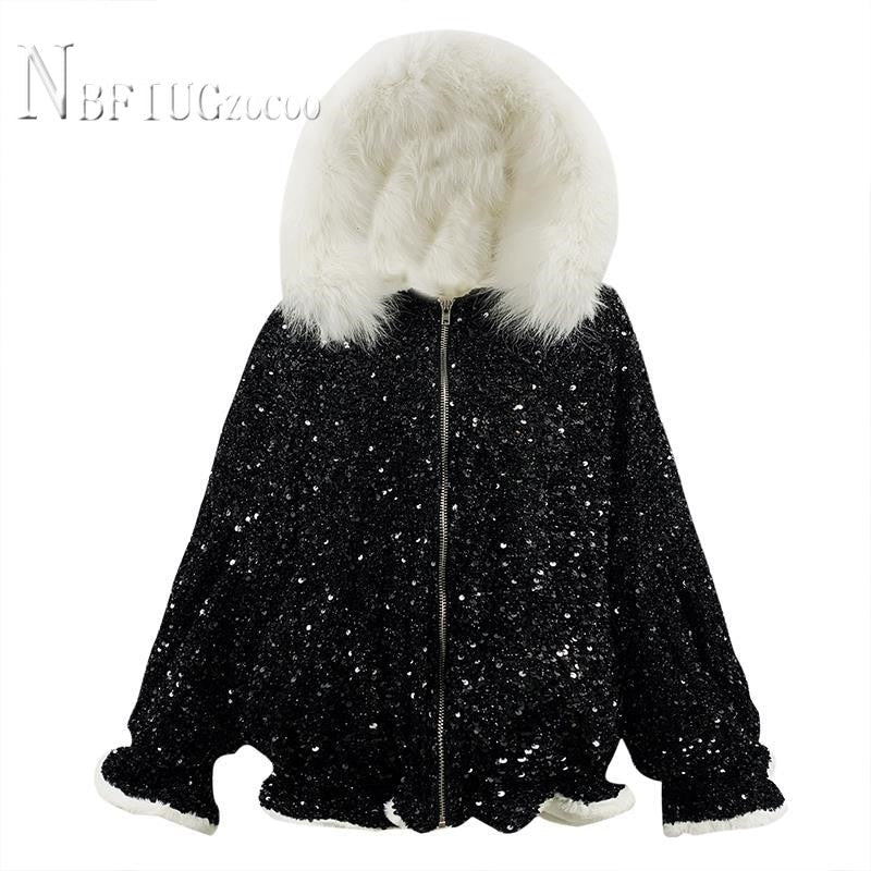 Faux Fur Collar Sequin Women Coat Winter Lining with Fluff Fashion Female Parkas Jacket festival coat