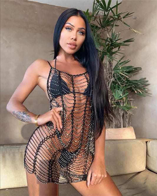 Sexy Mesh Rhinestones Summer Dress