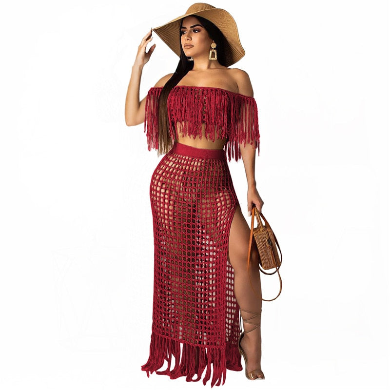 Sexy Knitted Women Set Two Pieces Set Slash Neck Cover Ups Slit Tassel Skirt 2 Pieces Set Hollow Out Beach Crocheted Suit