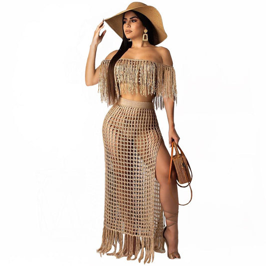 Sexy Knitted Women Set Two Pieces Set Slash Neck Cover Ups Slit Tassel Skirt 2 Pieces Set Hollow Out Beach Crocheted Suit