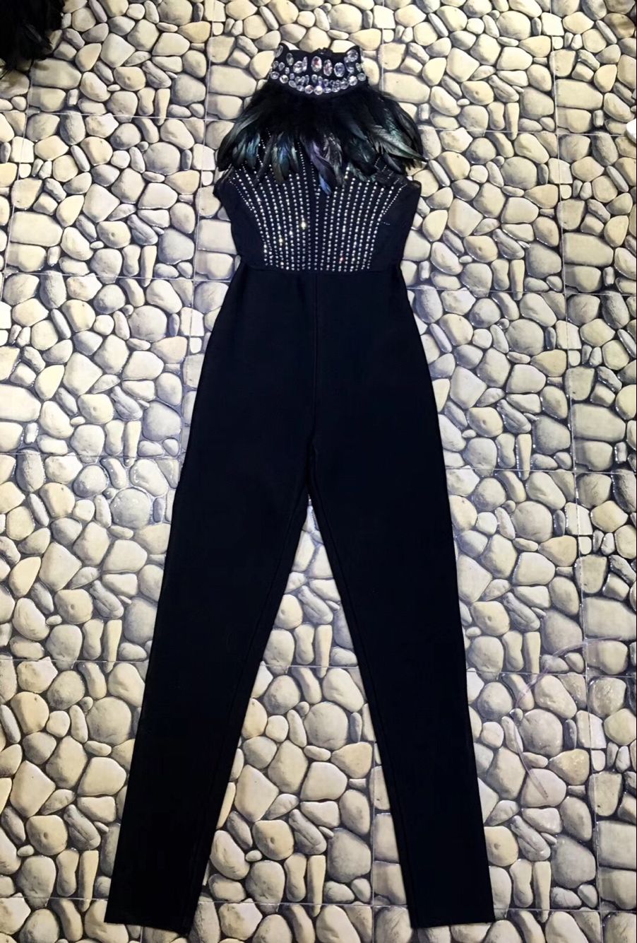 Black Fashion Feather Party Jumpsuit