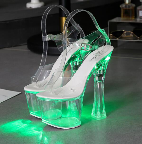 Large Size Sandals Clear Heel Multicolor Light-emitting  Platform Buckle Strap Super High Heels Square Heel Women's Shoes