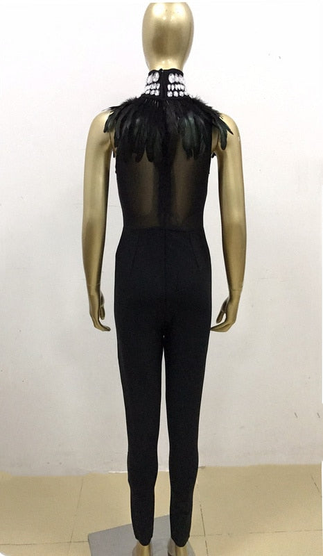 Black Fashion Feather Party Jumpsuit