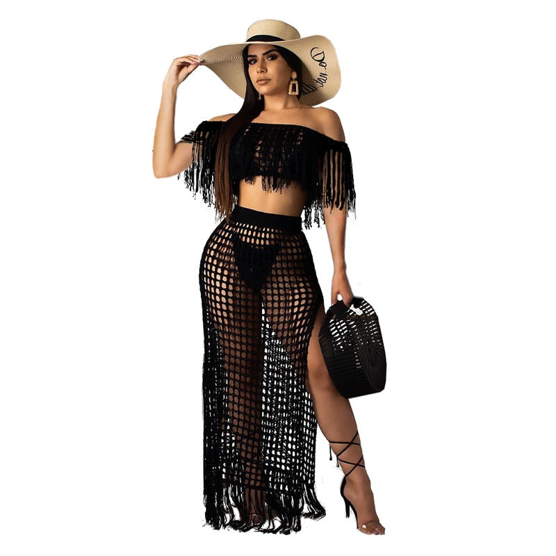 Sexy Knitted Women Set Two Pieces Set Slash Neck Cover Ups Slit Tassel Skirt 2 Pieces Set Hollow Out Beach Crocheted Suit