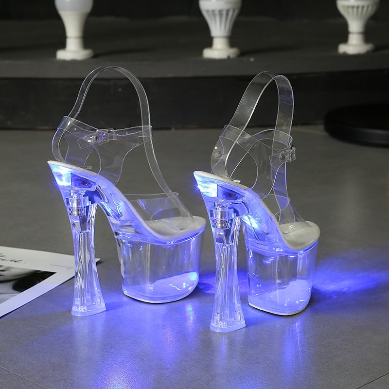 Large Size Sandals Clear Heel Multicolor Light-emitting  Platform Buckle Strap Super High Heels Square Heel Women's Shoes