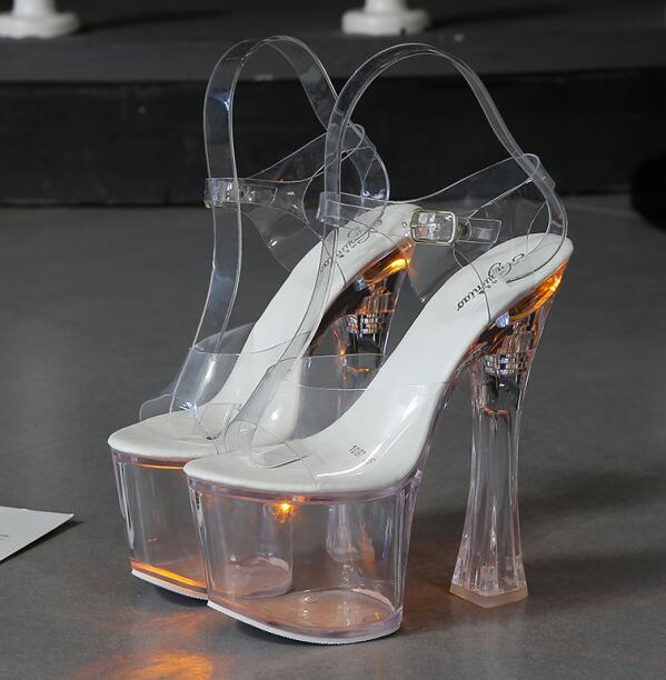 Large Size Sandals Clear Heel Multicolor Light-emitting  Platform Buckle Strap Super High Heels Square Heel Women's Shoes