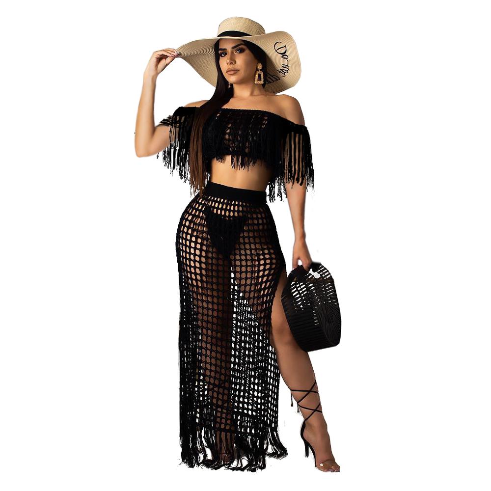 Sexy Knitted Women Set Two Pieces Set Slash Neck Cover Ups Slit Tassel Skirt 2 Pieces Set Hollow Out Beach Crocheted Suit