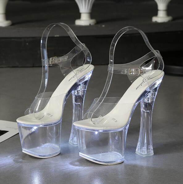 Large Size Sandals Clear Heel Multicolor Light-emitting  Platform Buckle Strap Super High Heels Square Heel Women's Shoes