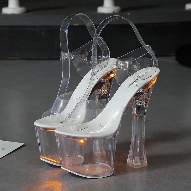 Large Size Sandals Clear Heel Multicolor Light-emitting  Platform Buckle Strap Super High Heels Square Heel Women's Shoes