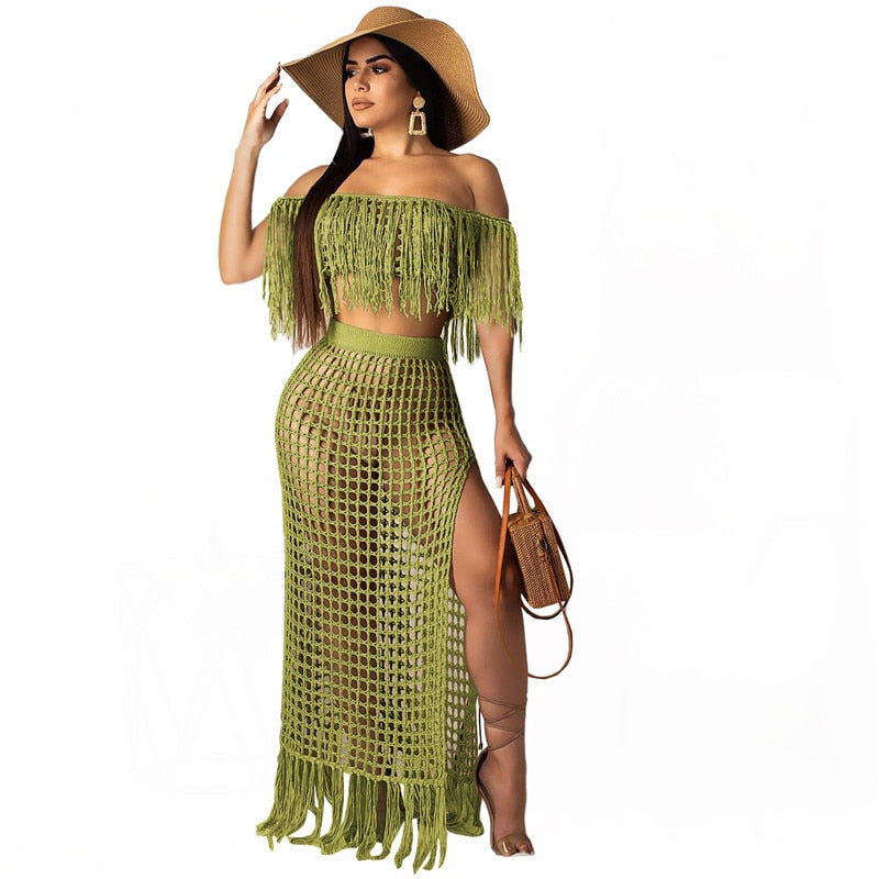 Sexy Knitted Women Set Two Pieces Set Slash Neck Cover Ups Slit Tassel Skirt 2 Pieces Set Hollow Out Beach Crocheted Suit