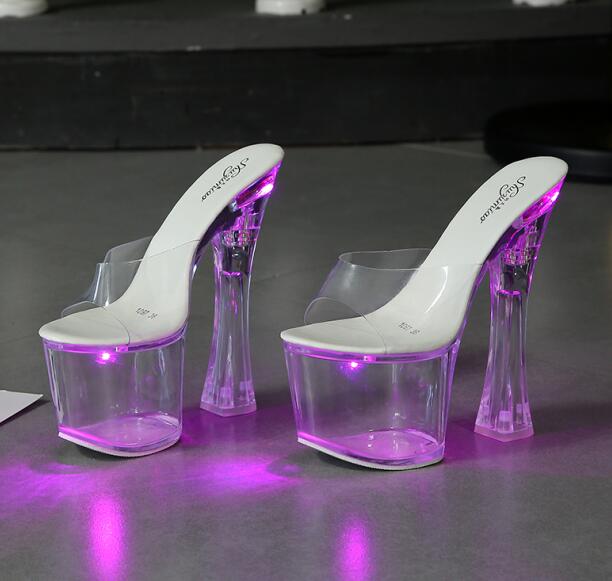 Large Size Sandals Clear Heel Multicolor Light-emitting  Platform Buckle Strap Super High Heels Square Heel Women's Shoes