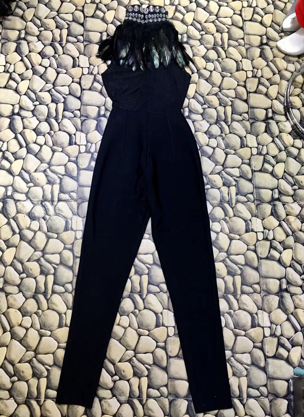 Black Fashion Feather Party Jumpsuit